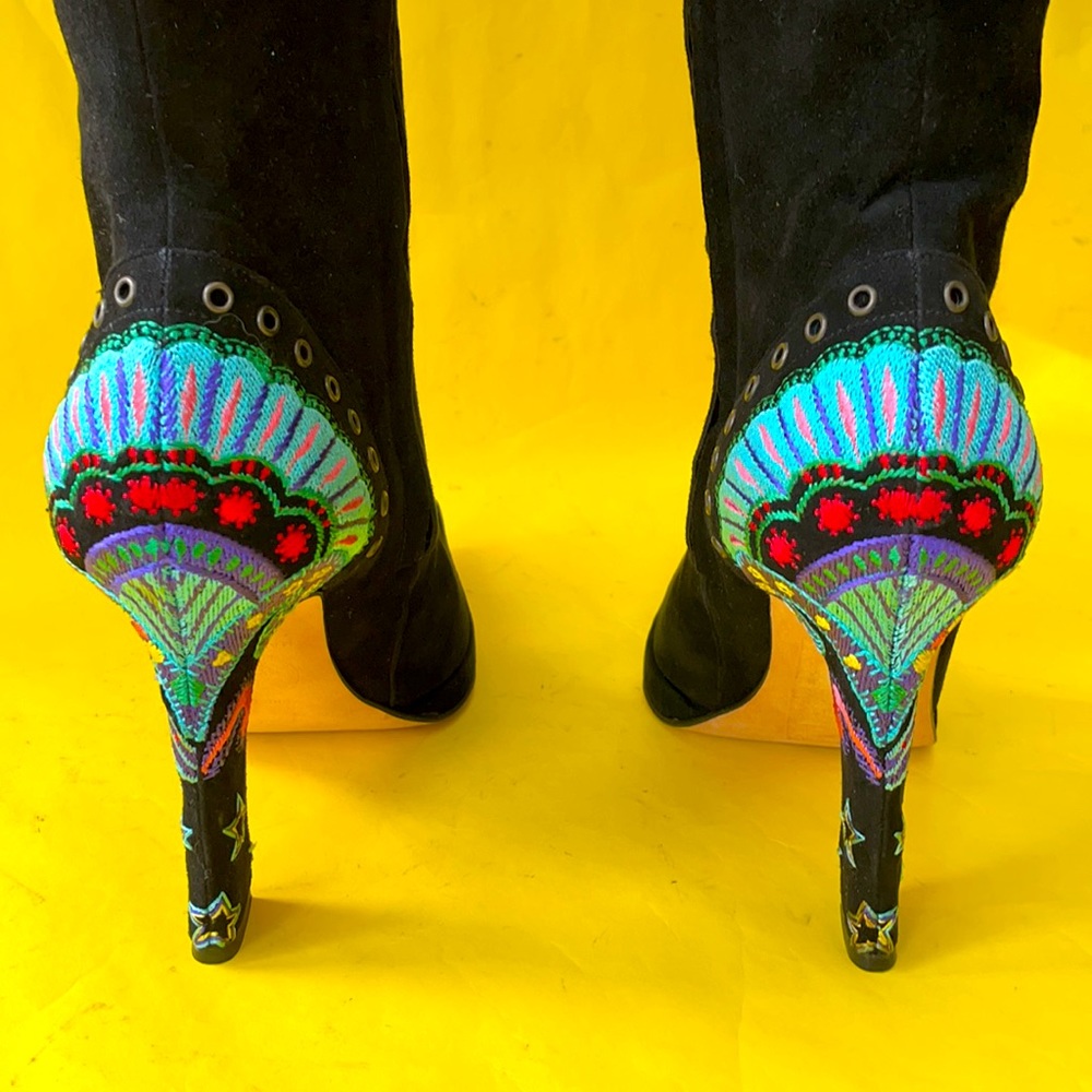 Versace Black Heeled Boots with Colorful Embroidery